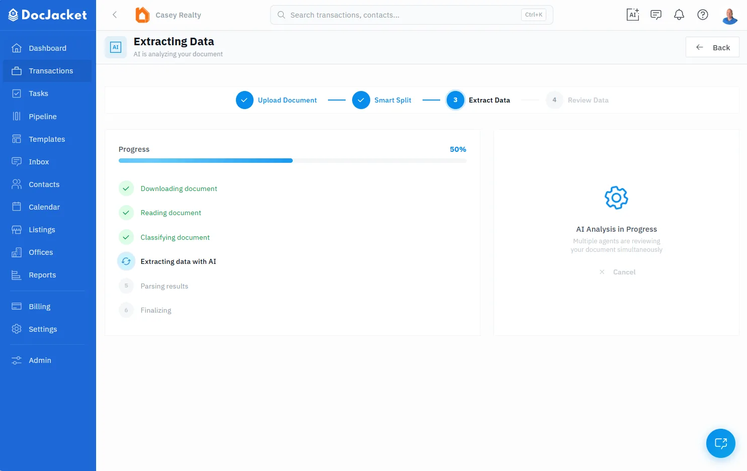 DocJacket's AI automatically extracting transaction data from an uploaded purchase agreement.